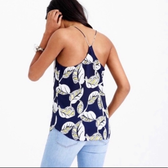 J Crew Carrie 100% silk cami top strappy tank tropical leaf print navy blue 4 - Picture 3 of 12